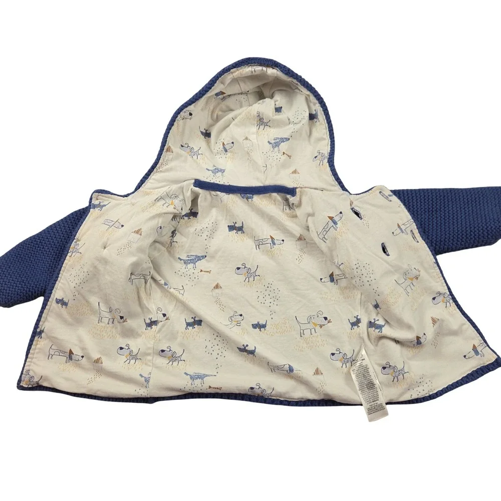 M&S Navy Blue Knit Bear Ear Hooded Cardigan Sweater Dog Print Lining Fall